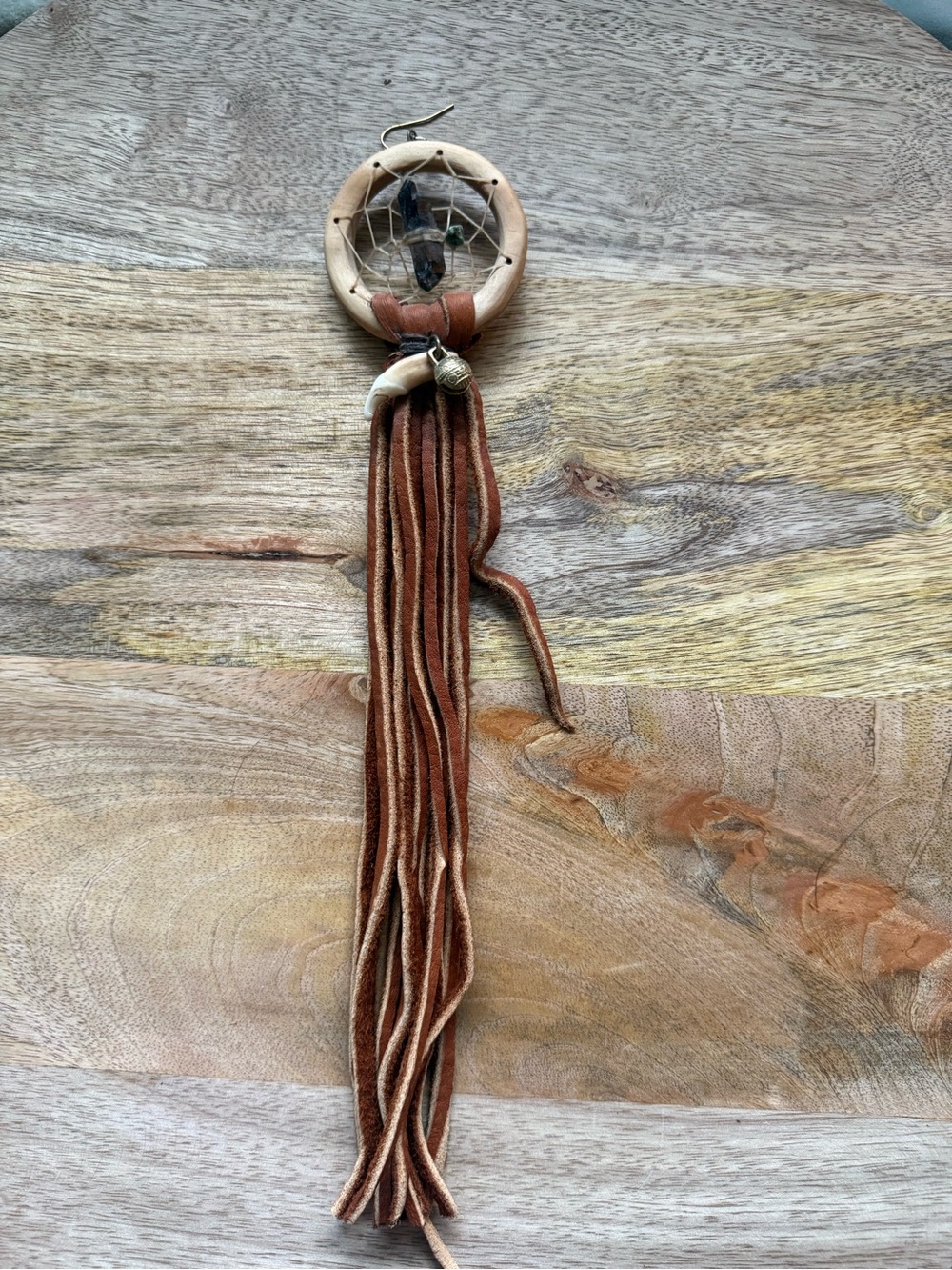 Boho Dreamcatcher Earring with leather Tassels - Brown & Cream